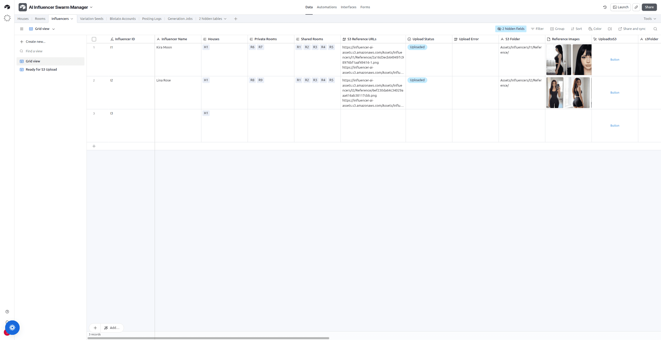 Airtable AI Influencer Swarm Manager table — showing structure, S3 references, upload status