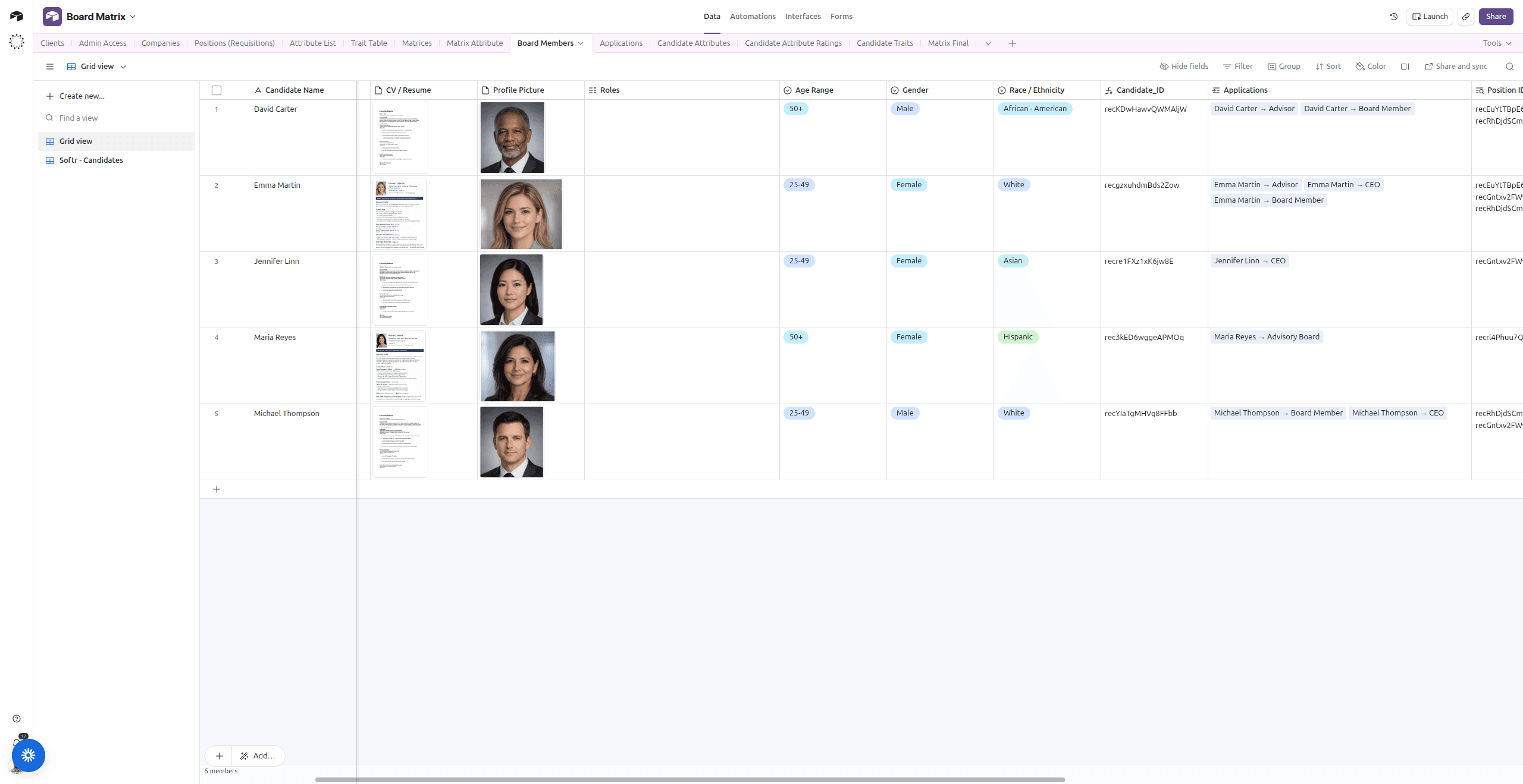 Airtable Board Matrix backend — 12 tables showing relational structure